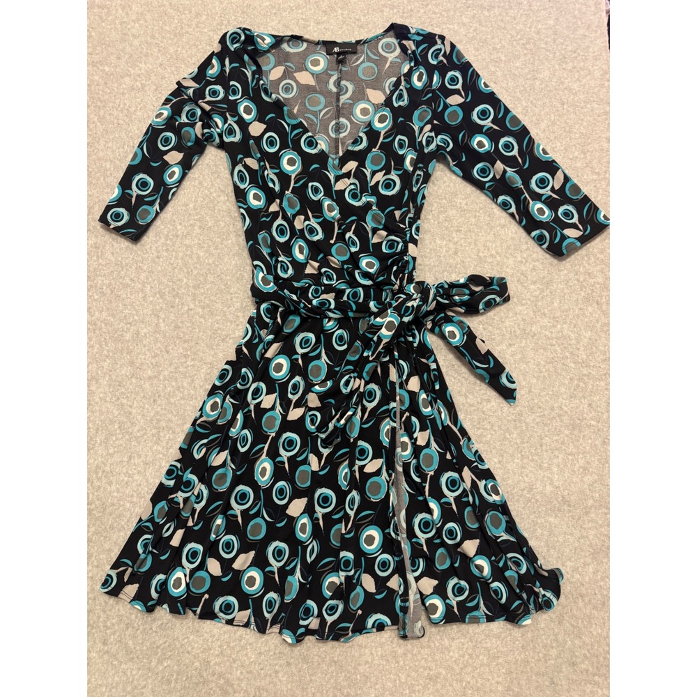 Y2K AB Studio Womens Faux Wrap Dress Teal Grey Floral Mod Print 3/4 Sleeve Small